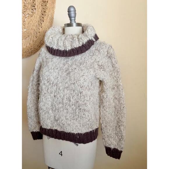 Chunky Beige Brown Cowl Neck Women's Sweater Wool Blend Textured Knit S M Cozy - Picture 2 of 4